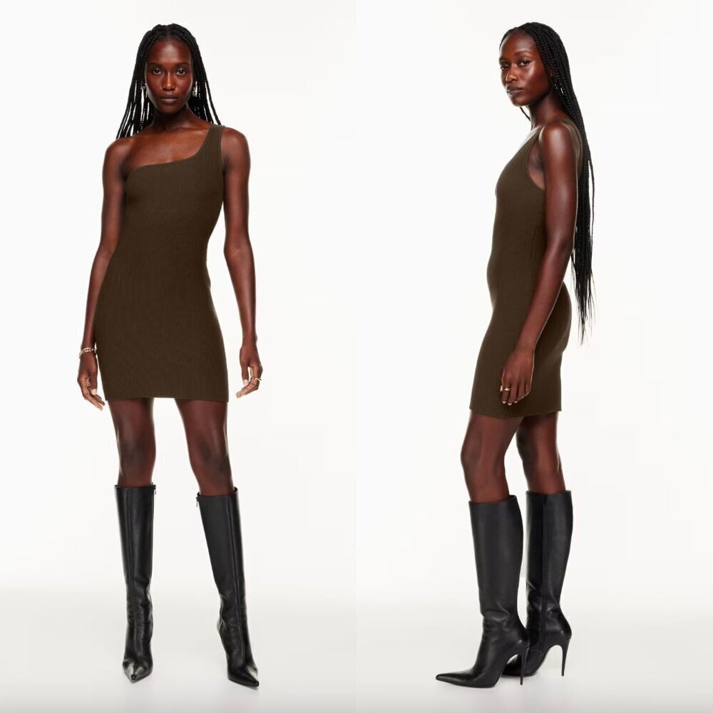 NWT Babaton Aritzia Coffee Bean Brown Ribbed Sculpt Knit One Shoulder Mini Dress